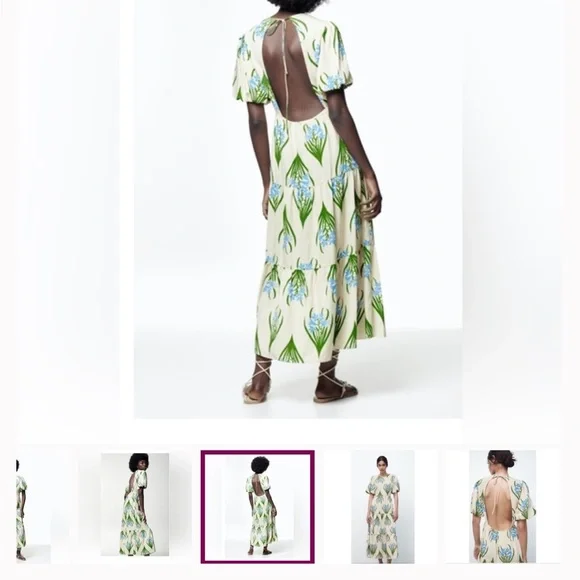 Zara Ecru Floral Linen Cotton Midi Dress Open Back Size Small - Picture 7 of 13